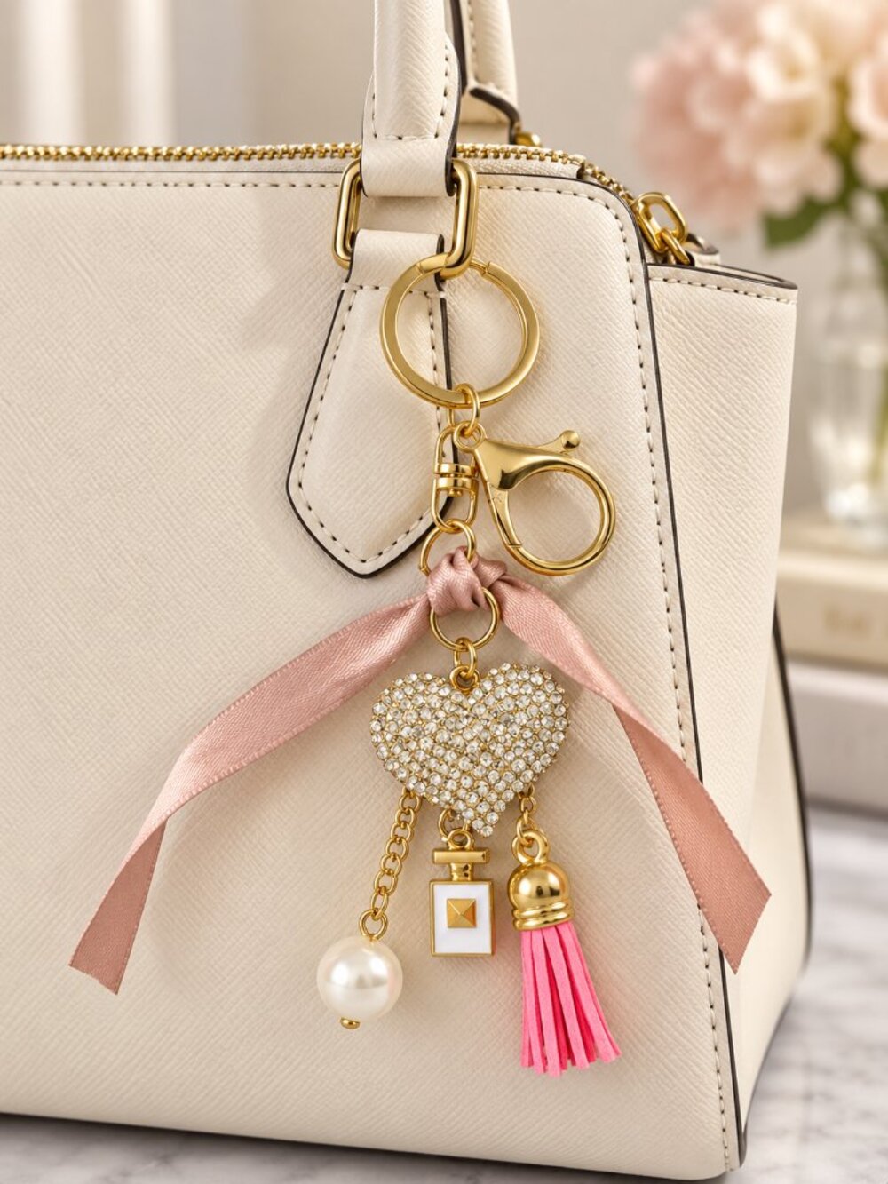Rhinestone Heart Tassel Keychain Bag Charm| Charms & Co|Gold Tone New on Hangtag